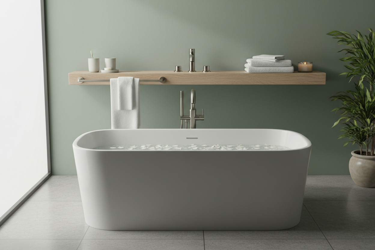 Contemporary bath fixtures with brushed nickel accents arranged in soft spa-like lighting