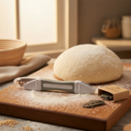 Breadsmart artisan bread lame grey scoring tool resting on floured wooden board beside raw sourdough boule in rustic kitchen setting