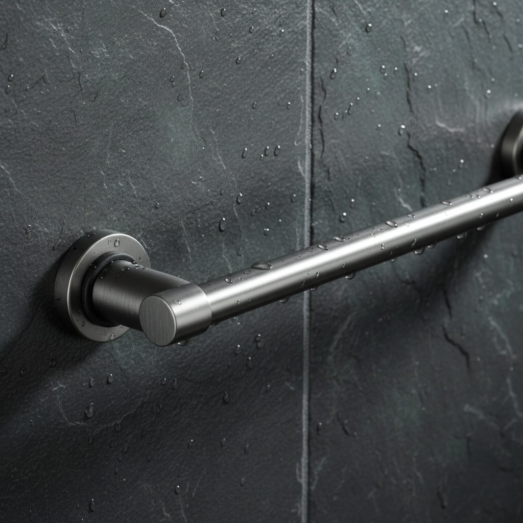 Close-up of wall-mounted matte steel bathroom accessory on dark slate tile showing smooth scratch-resistant finish