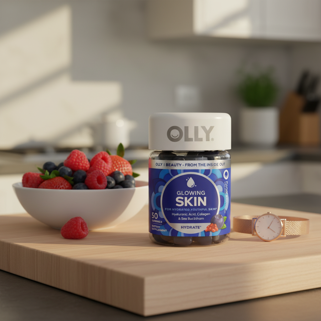 OLLY Glowing Skin Gummies bottle on light-wood kitchen breakfast island with bowl of fresh mixed berries and rose-gold watch