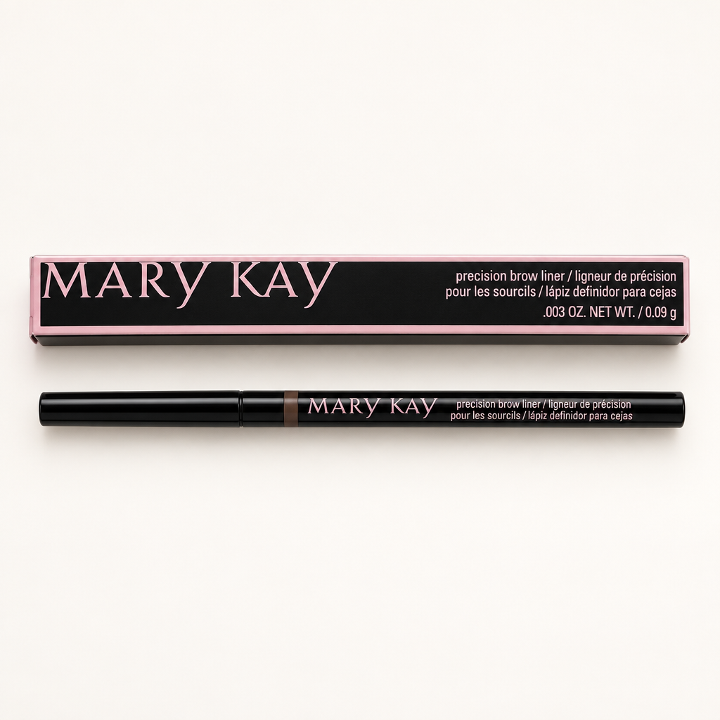 Mary Kay Precision Brow Liner pencil and pink retail box on a warm white background