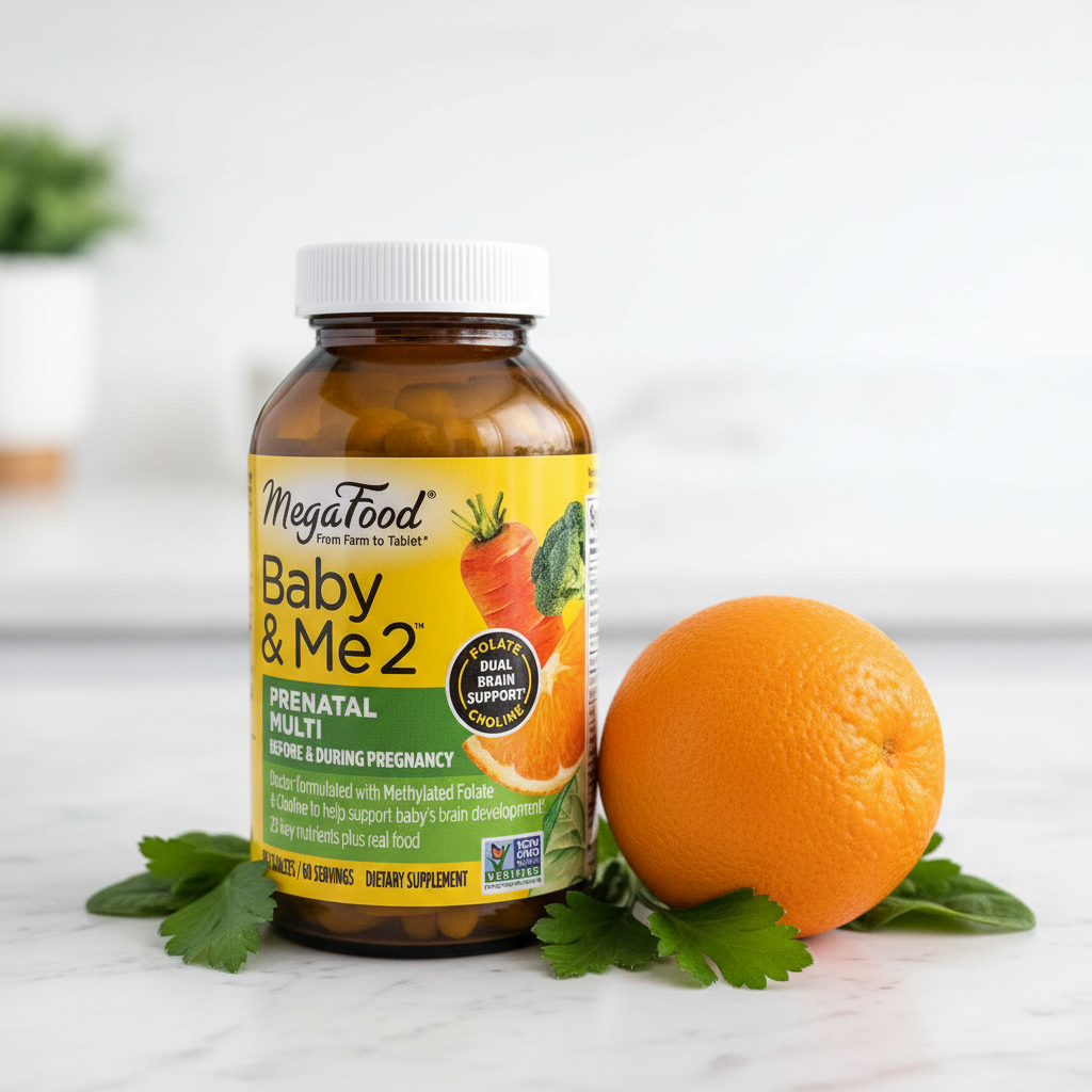 Prenatal supplement amber glass bottle arranged next to fresh organic orange and green leaves on white marble – More4less Outlet