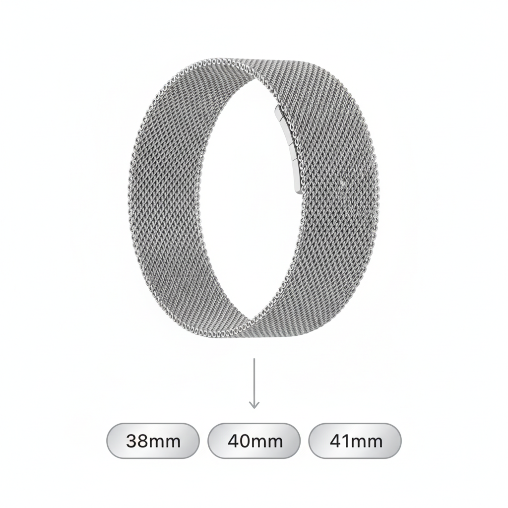 LAUT Steel Loop Apple Watch band size compatibility graphic showing 38mm 40mm 41mm