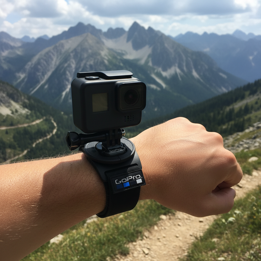 GoPro Hand + Wrist Strap black mount worn on wrist with GoPro camera near mountain trail scenic background – More4less Outlet