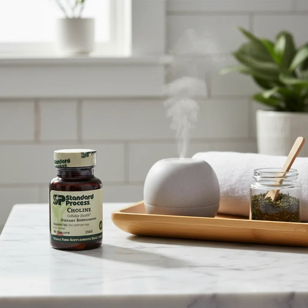 Standard Process Choline on bathroom vanity with bamboo tray showing daily health routine