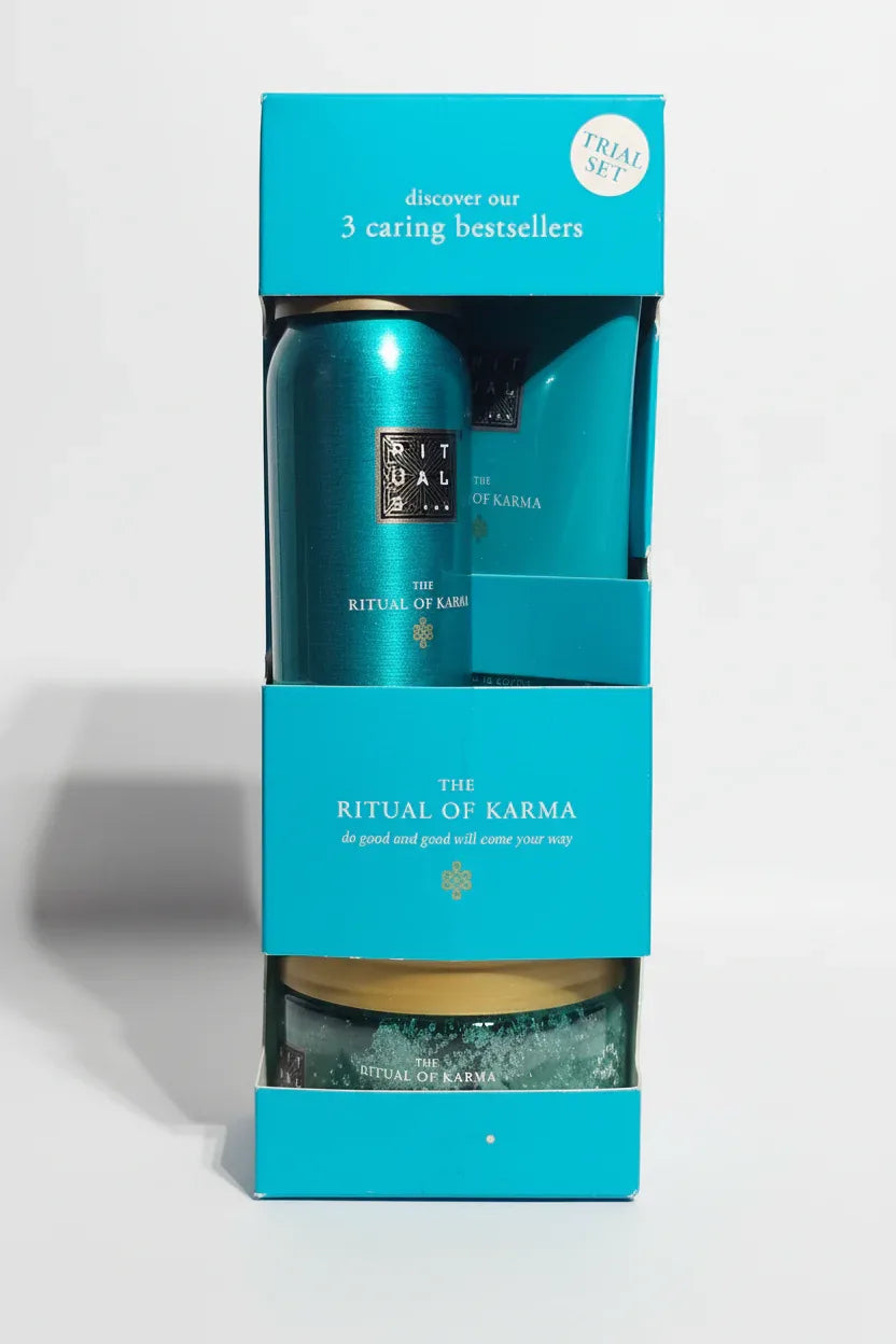 Rituals Ritual of Karma teal gift set box close-up hero shot