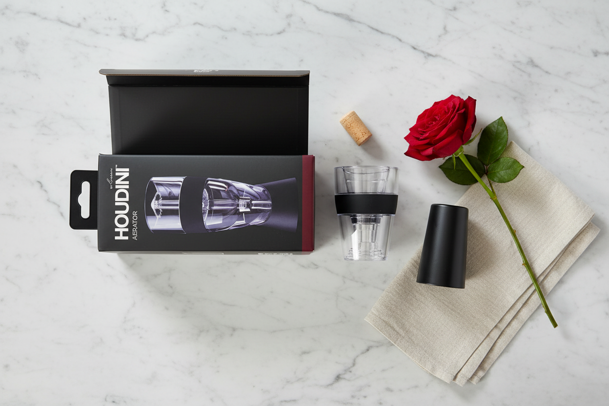 Houdini Wine Aerator gift flatlay on white marble with retail box rose and linen napkin - More4less Outlet