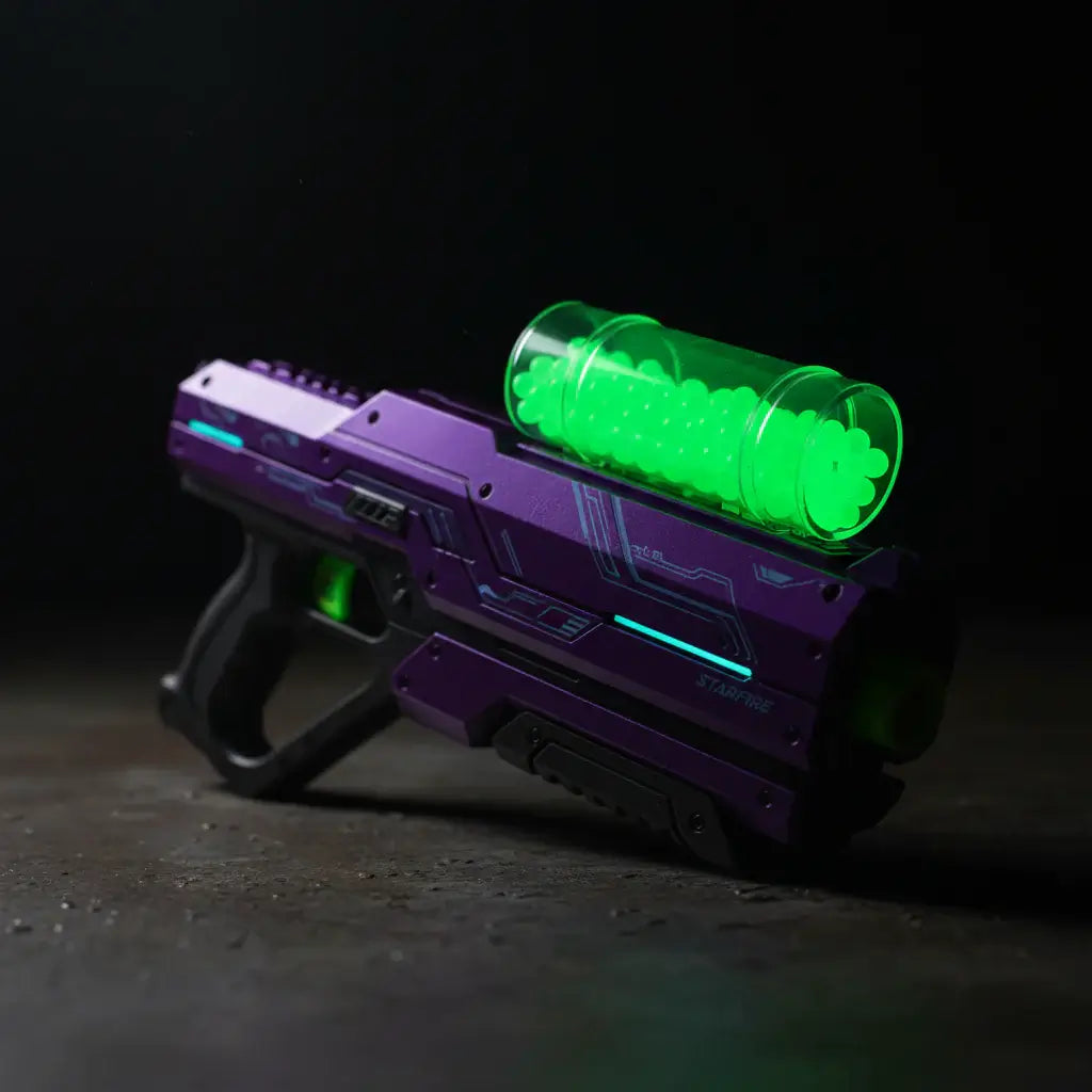 Purple Gel Blaster Starfire toy blaster close-up green glow-in-the-dark gellets hopper glowing neon dark room sci-fi product detail - More4less Outlet