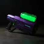 Purple Gel Blaster Starfire toy blaster close-up green glow-in-the-dark gellets hopper glowing neon dark room sci-fi product detail - More4less Outlet