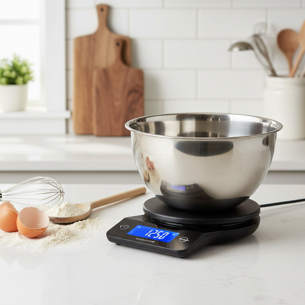 Lifestyle — black food scale with extended pull-out LCD display showing weight reading on white counter with large mixing bowl on top — practical kitchen lifestyle editorial for visual context only