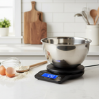 Lifestyle — black food scale with extended pull-out LCD display showing weight reading on white counter with large mixing bowl on top — practical kitchen lifestyle editorial for visual context only