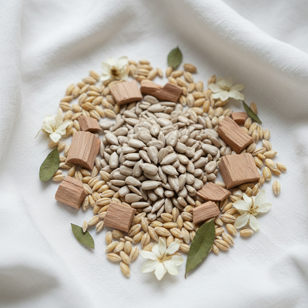 Botanical ingredients flat lay on white linen