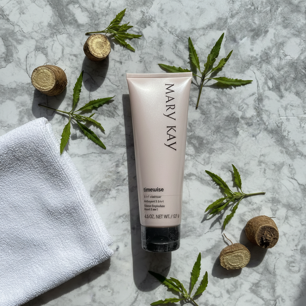 Mary Kay TimeWise 3-in-1 Cleanser tube on white marble surface surrounded by witch hazel sprigs and burdock root pieces
