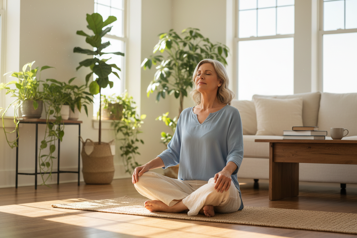 Woman stretching and breathing in peaceful sunlit living room - digestive wellness lifestyle