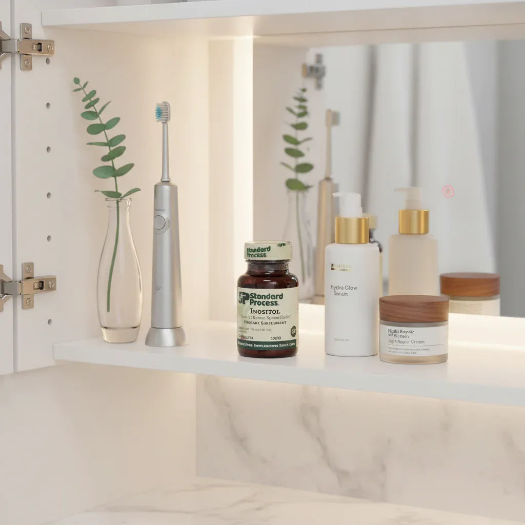 Standard Process Inositol supplement organized in brightly-lit medicine cabinet with bathroom vanity items