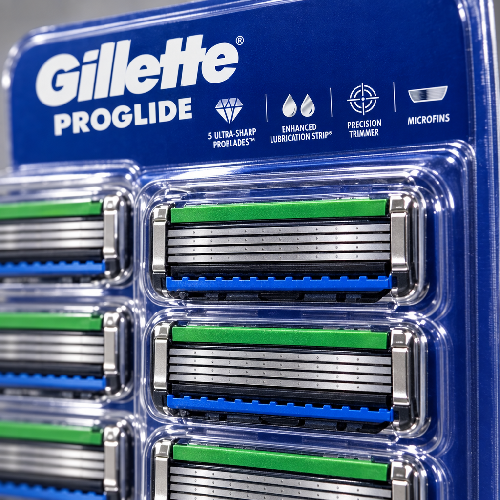 Close up of Gillette ProGlide five blade cartridges in their retail blister packaging