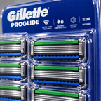 Close up of Gillette ProGlide five blade cartridges in their retail blister packaging