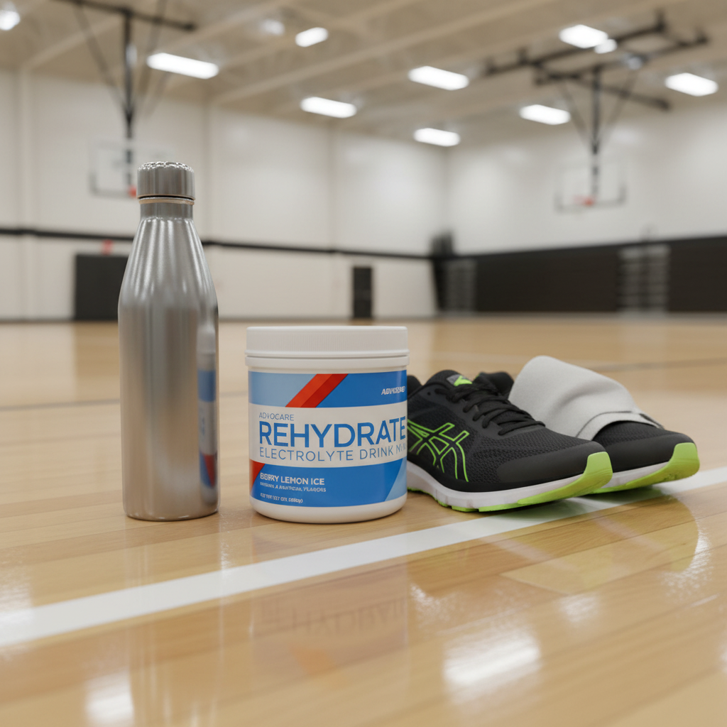 AdvoCare Rehydrate tub on gym floor with stainless steel water bottle and athletic shoes – More4less Outlet