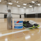 AdvoCare Rehydrate tub on gym floor with stainless steel water bottle and athletic shoes – More4less Outlet