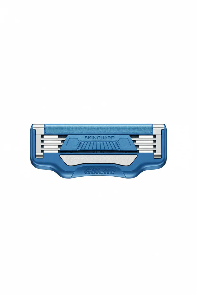 Gillette SkinGuard razor blade cartridge close-up hero shot showing SkinGuard bridge detail