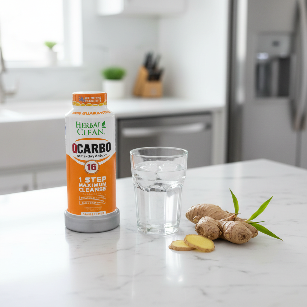 Herbal supplement bottle beside water glass and fresh ginger root on white marble countertop – More4less Outlet