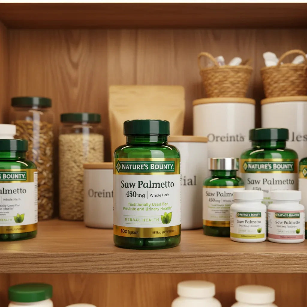 Nature's Bounty Saw Palmetto 450mg green bottle in organized family health pantry on oak shelf next to premium white and green supplement jars