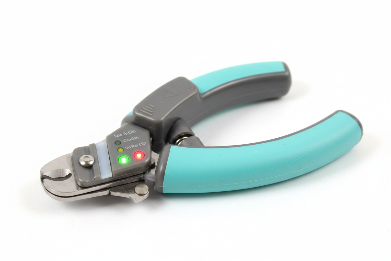 Close-up of Miracle Care QuickFinder Deluxe QuickSensor light indicators — green safe to clip, yellow caution, red do not clip LED guidance system