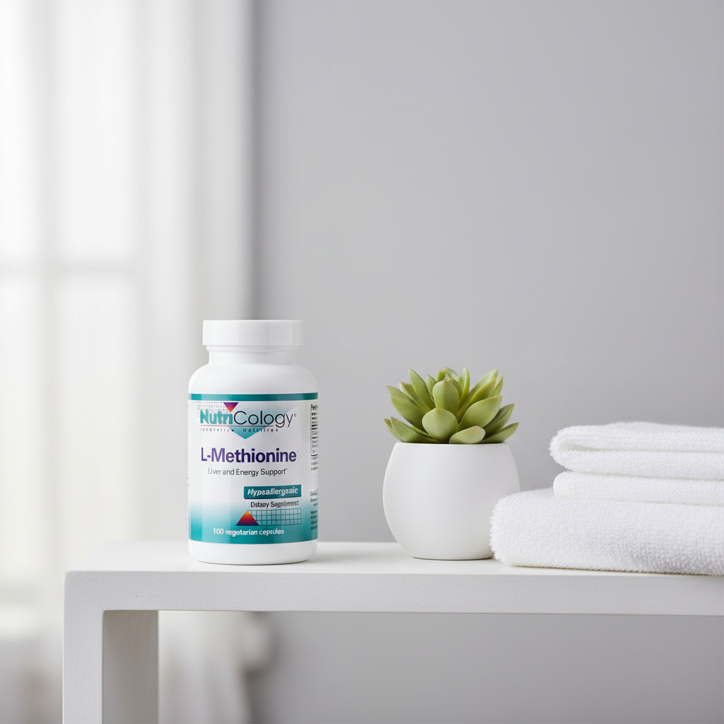 NutriCology L-Methionine on wellness shelf with succulent plant and white towel – More4less Outlet