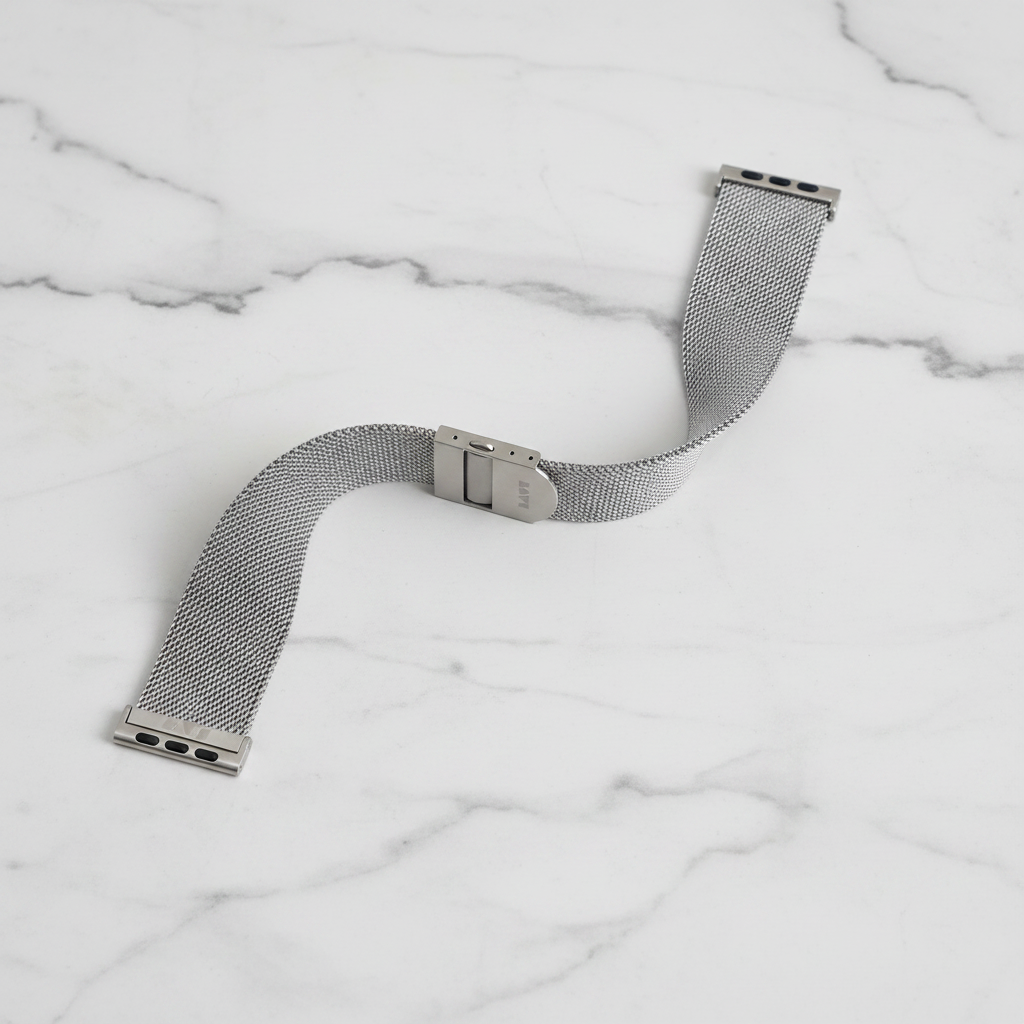 LAUT Steel Loop silver stainless steel mesh watch strap studio product shot on marble