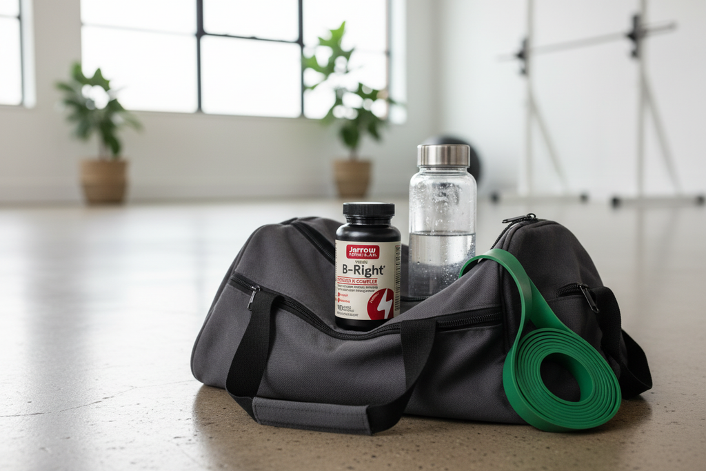 Jarrow Formulas B-Right B-Complex supplement bottle on gym bag with water bottle and resistance band – More4less Outlet
