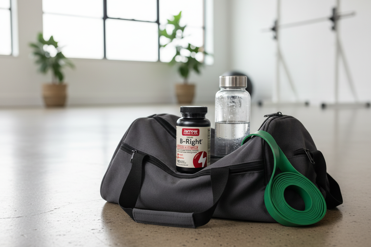 Jarrow Formulas B-Right B-Complex supplement bottle on gym bag with water bottle and resistance band – More4less Outlet