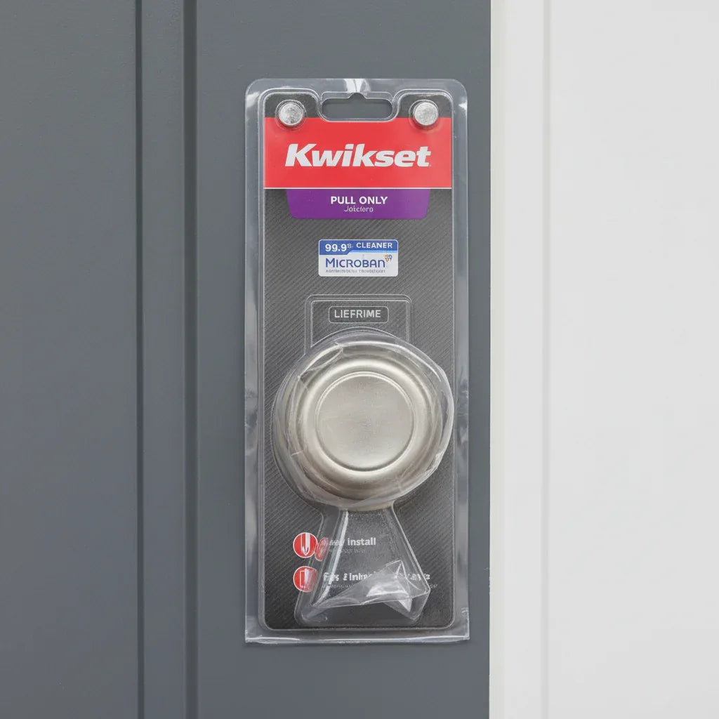 Kwikset satin nickel door knob against sleek gray and white wood panel door backdrop.
