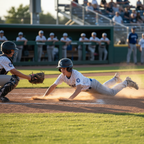 Young teen boy baseball player in uniform sliding into base during game, youth sports action