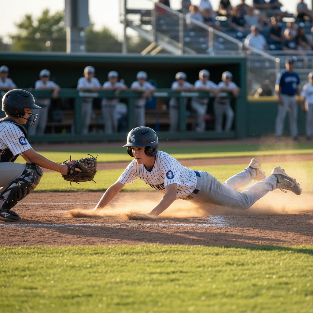 Young teen boy baseball player in uniform sliding into base during game, youth sports action