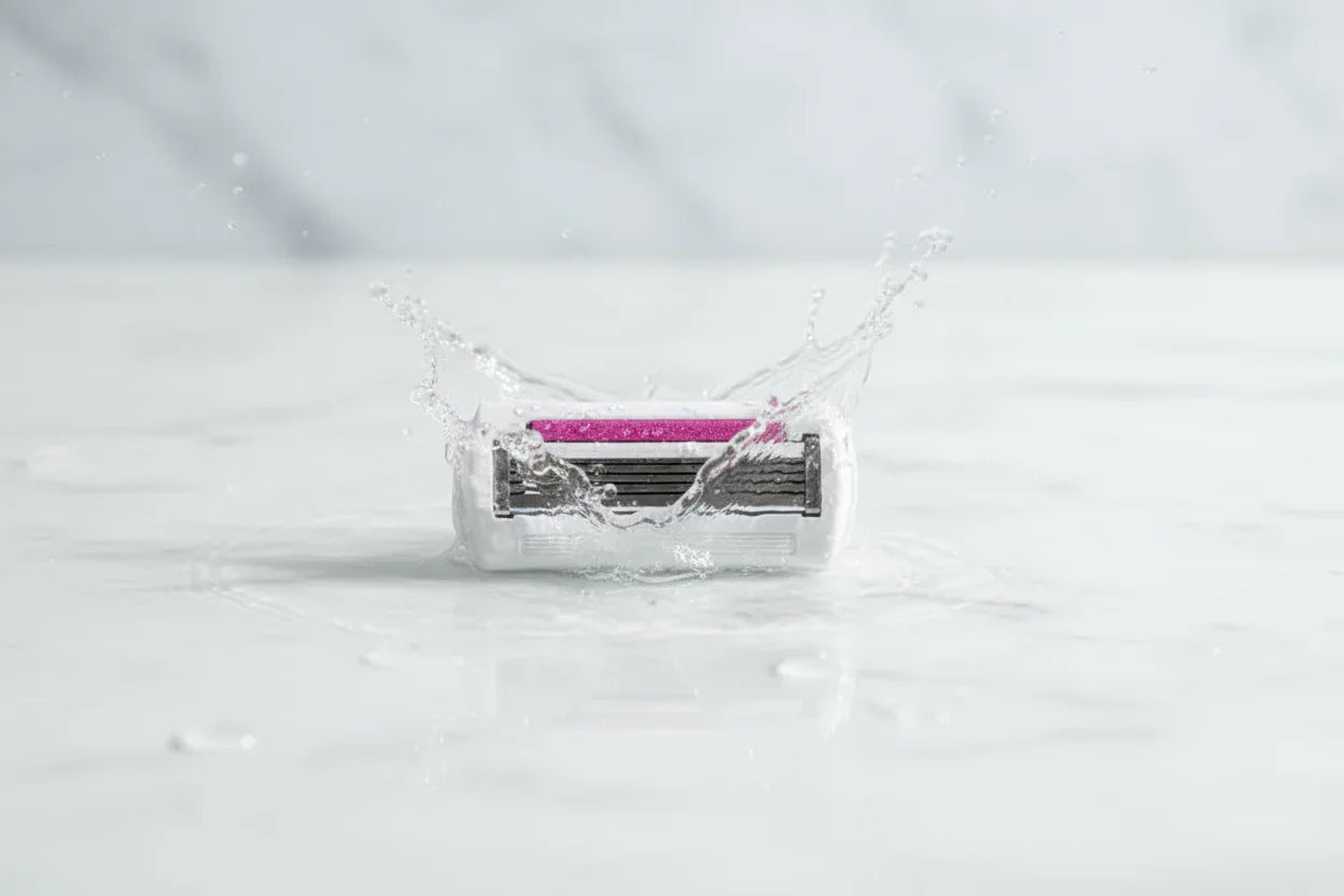Close-up of water splashing over a high-quality 5-blade women's razor refill cartridge on white marble