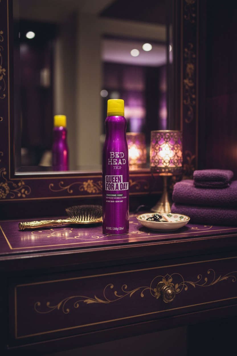 Bed Head TIGI Queen For A Day on salon vanity shelf with purple and gold accents