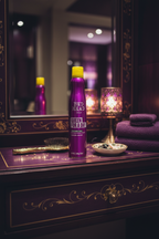 Bed Head TIGI Queen For A Day on salon vanity shelf with purple and gold accents
