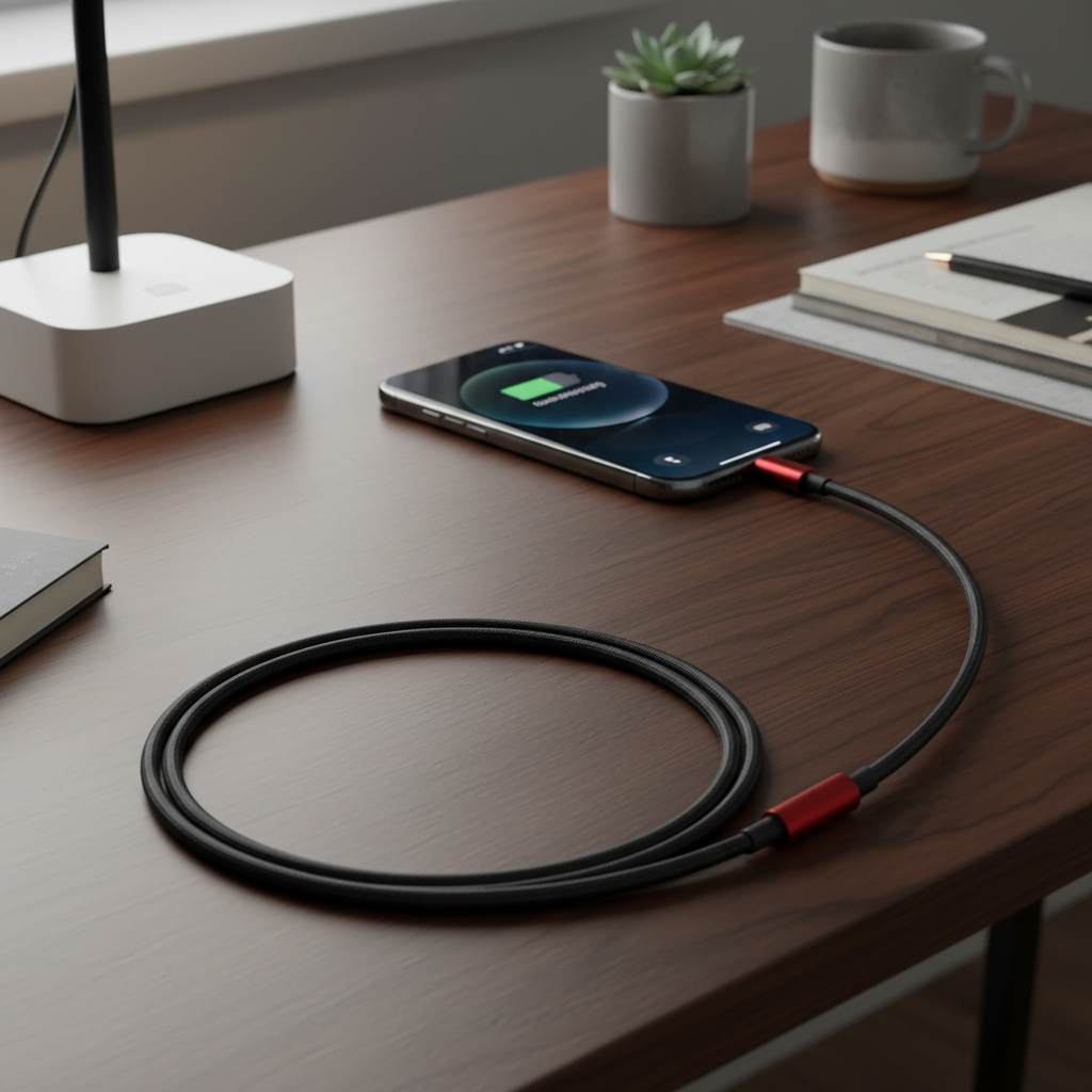 Case Logic flat braided USB-C to Lightning cable with red metallic connectors charging iPhone on modern desk — More4less Outlet