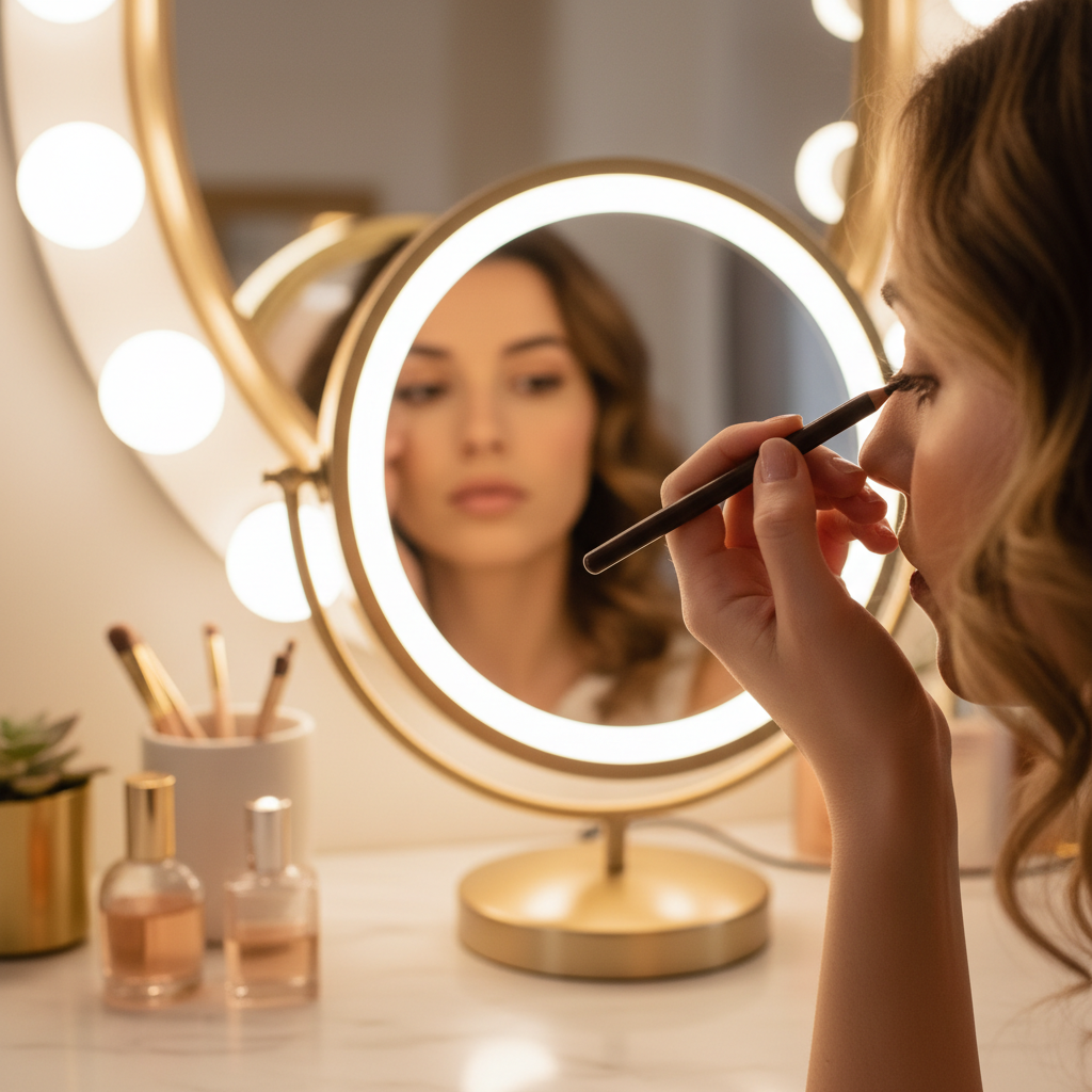 Woman applying eyeliner pencil at a vanity mirror