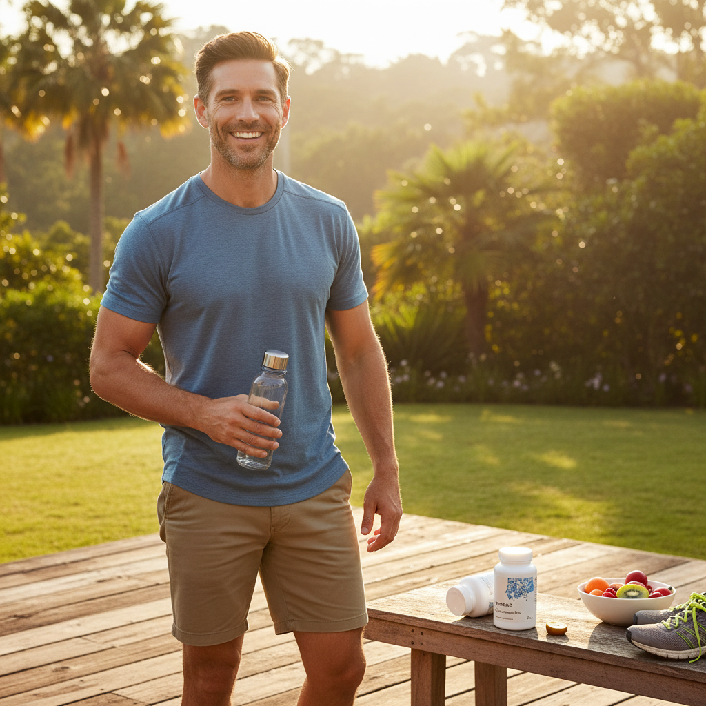 Healthy active adult man outdoors in morning sunlight with Thorne Zinc Picolinate 30 mg bottle visible nearby