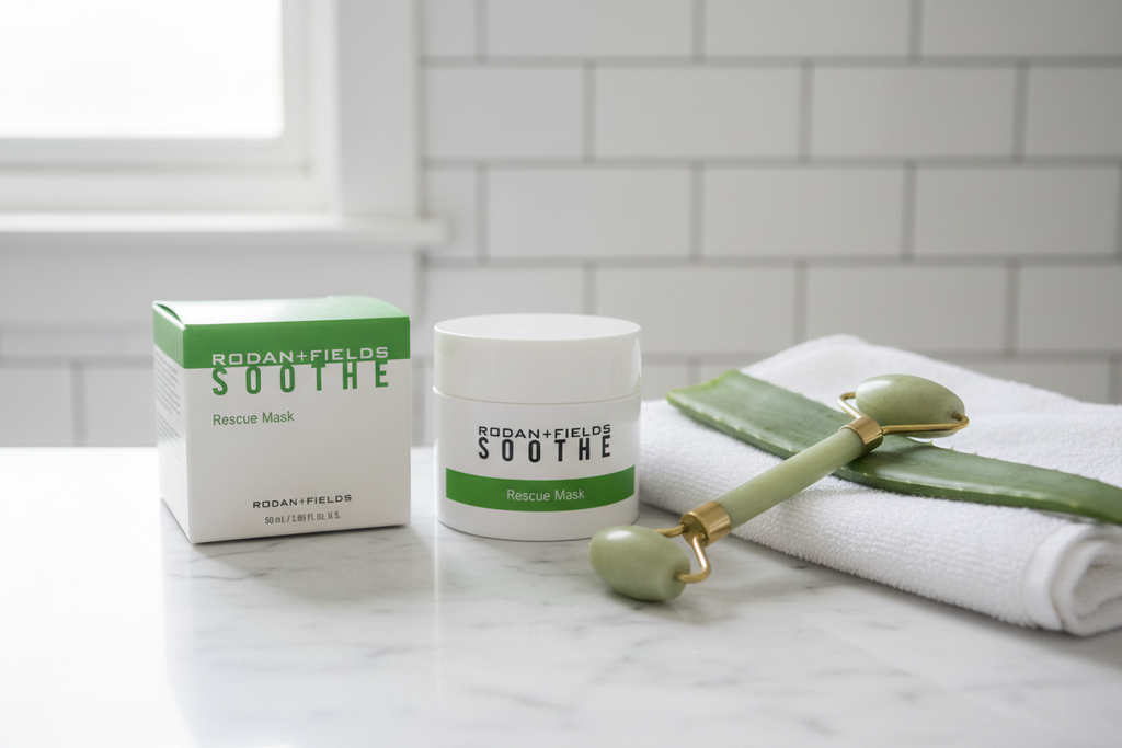 Rodan + Fields SOOTHE Rescue Mask white jar on marble vanity with jade roller aloe vera leaf and white towel sensitive skincare routine – More4less Outlet