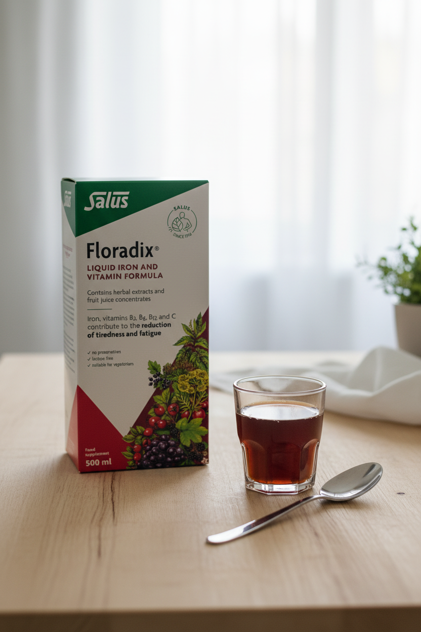 Salus Floradix Iron and Herbs Liquid Formula 500ml box on a light wood surface next to a small glass of dark red liquid supplement and a spoon in a morning wellness setting – More4less Outlet