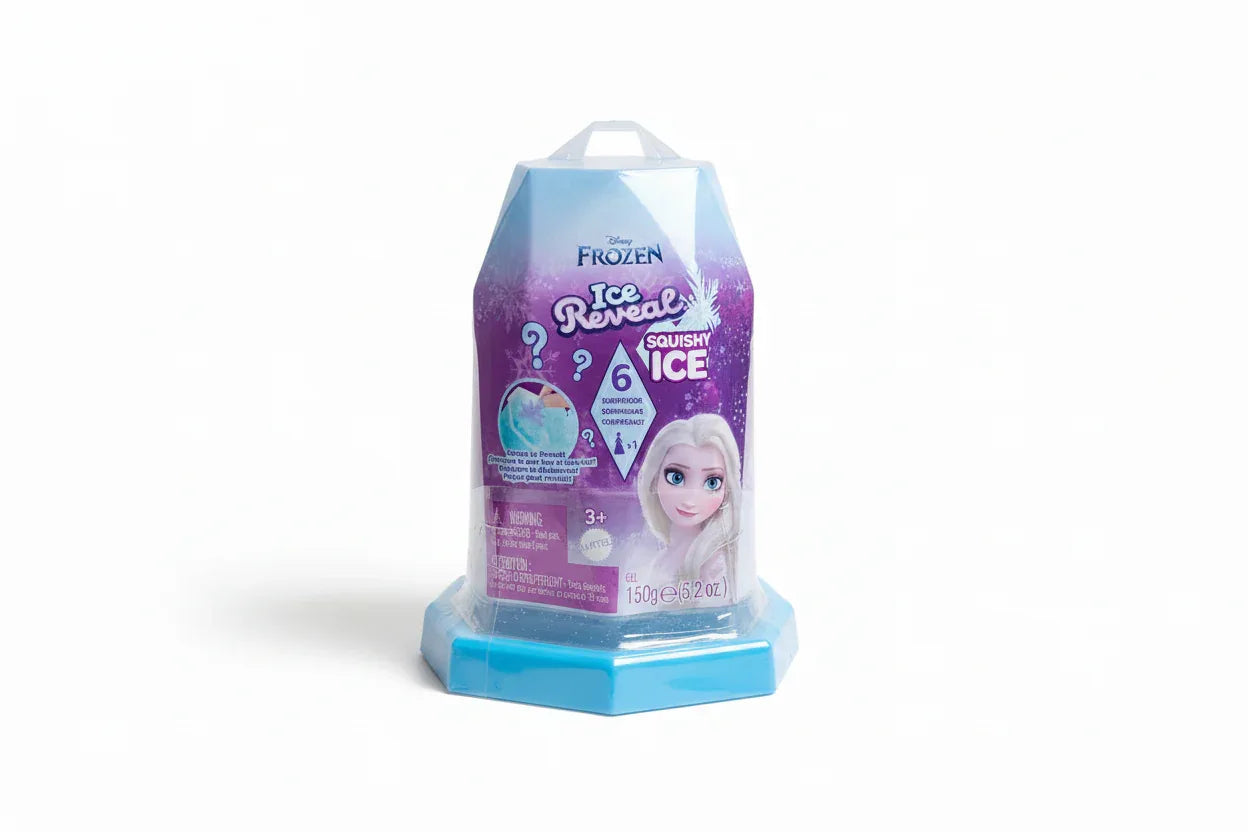 Studio photography of Disney Frozen Ice Reveal Squishy Ice retail package on white background