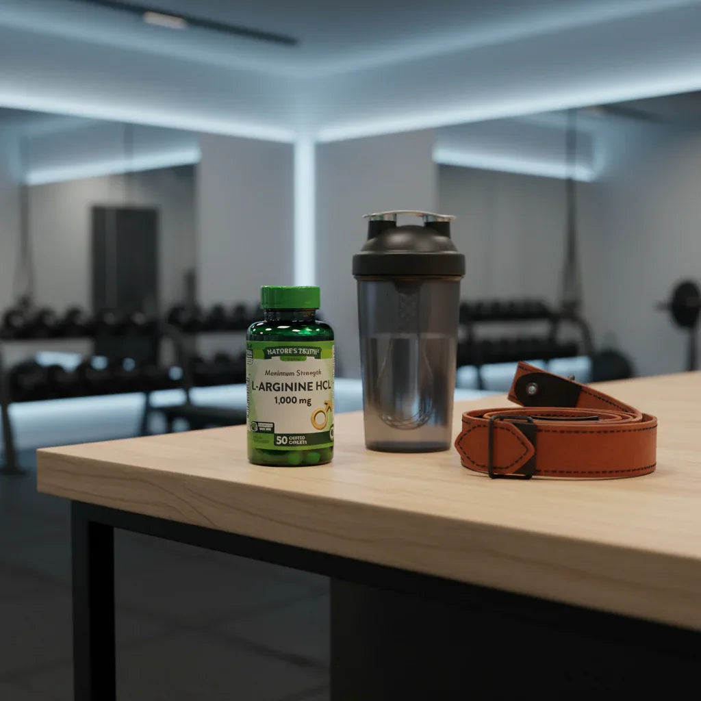 Nature's Truth L-Arginine HCl 1000mg bottle on wooden home gym counter with black matte shaker bottle and lifting straps