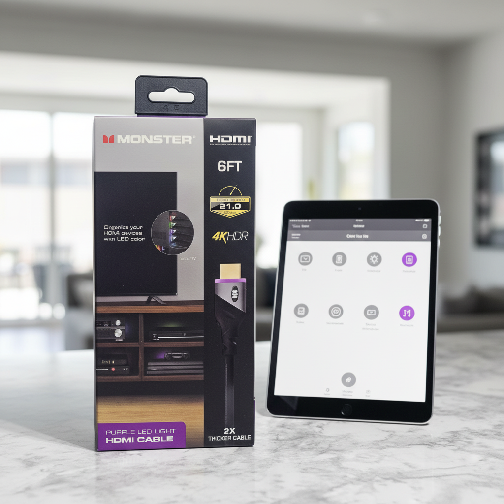 Monster 6ft Purple LED HDMI Cable retail box on grey granite countertop next to tablet showing smart home control app interface