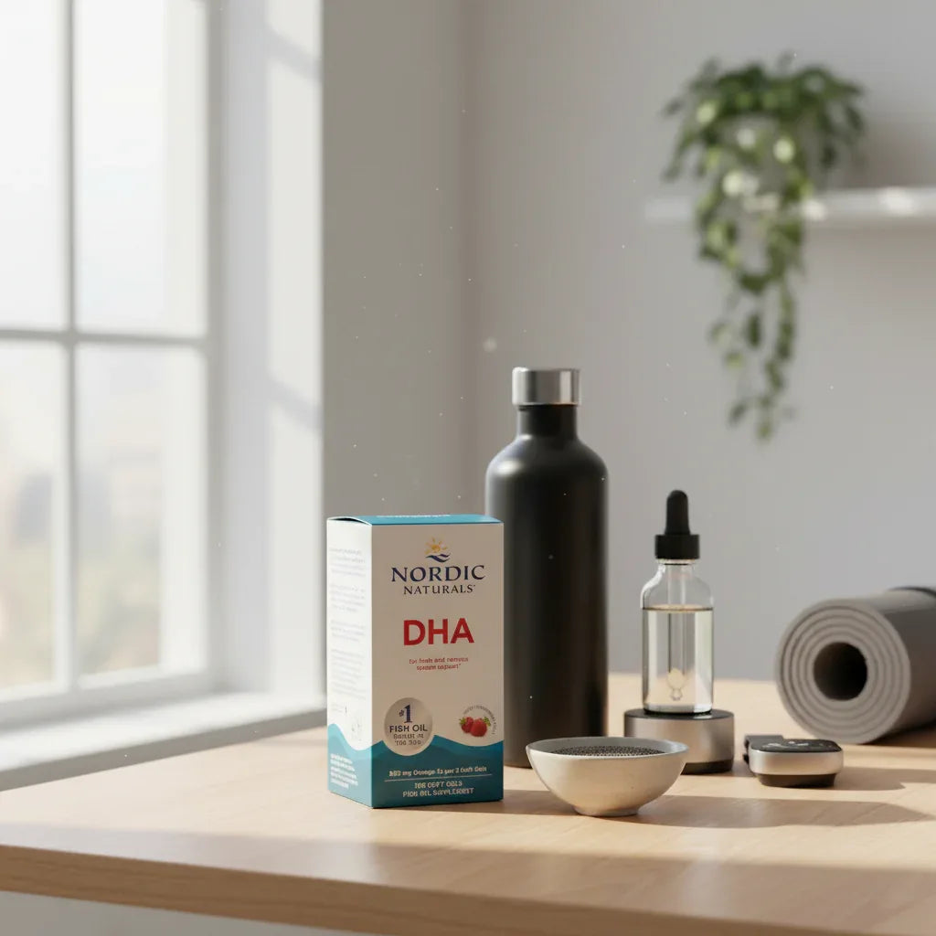 Streamlined minimal wellness setup with soft morning window sunlight hitting supplement bottles and wellness staples