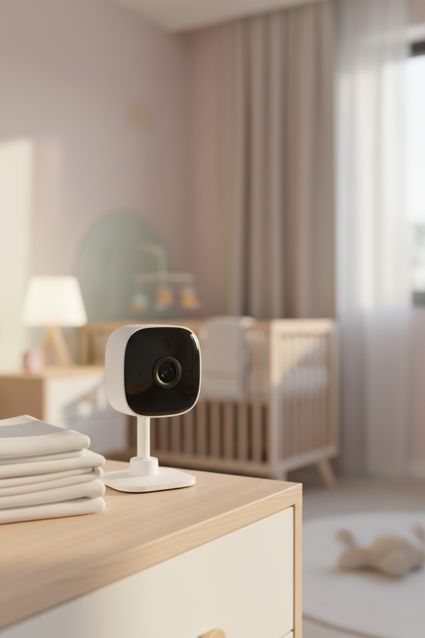 Kasa Spot EC60 camera on nursery bedside table next to baby blankets used as baby monitor smart home