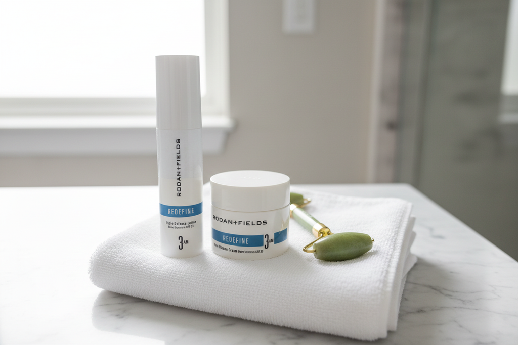 Rodan + Fields REDEFINE Triple Defense 3AM set lotion bottle and cream jar on marble vanity with jade roller and white towel morning skincare – More4less Outlet