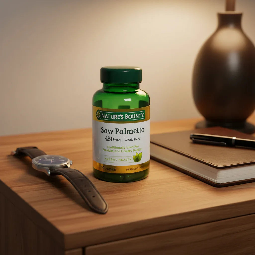 Nature's Bounty Saw Palmetto 450mg green bottle on wood grain bedside table alongside leather men's watch and organized notebook