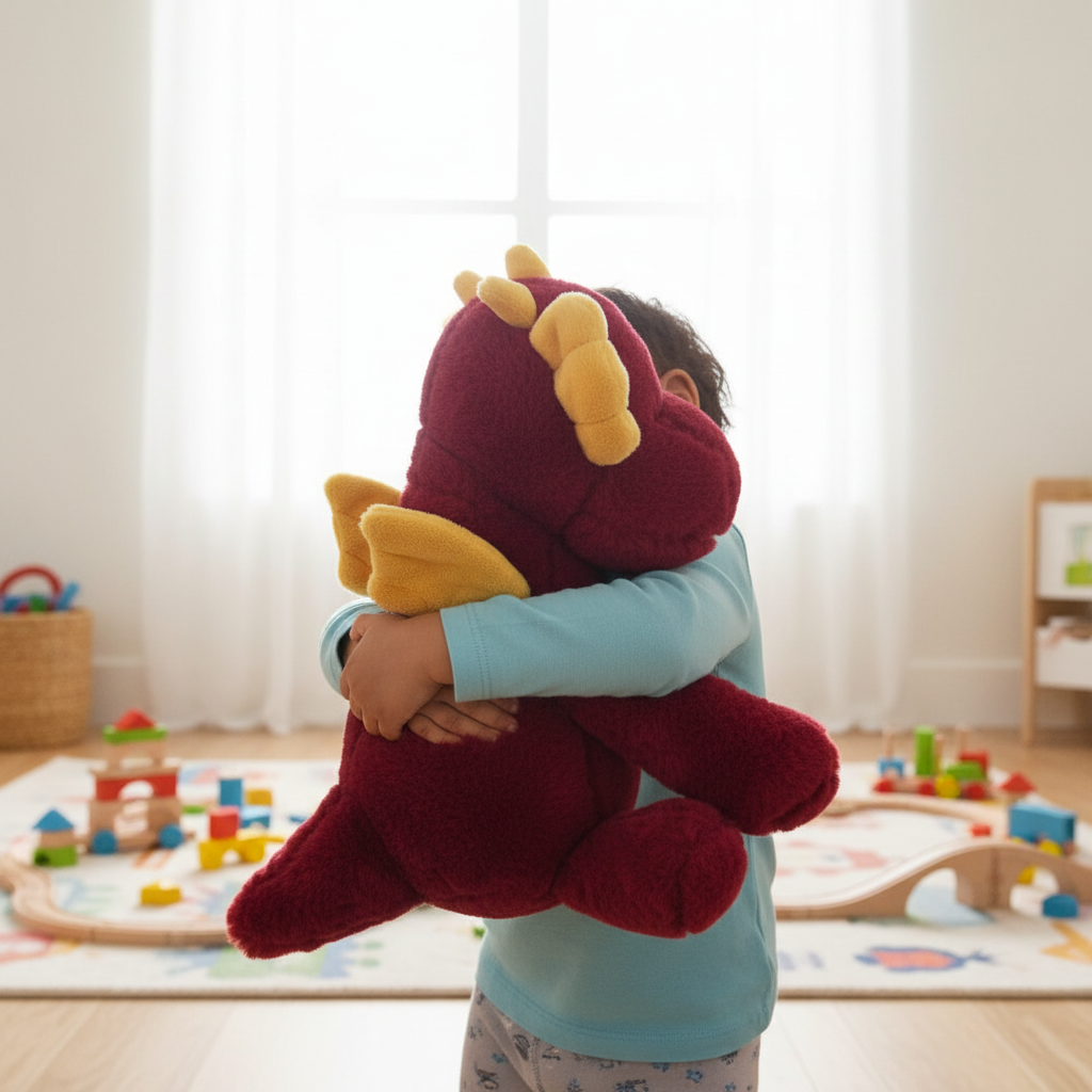 Child hugging Ebba Red Dragon Plush in bright cheerful playroom - More4less Outlet